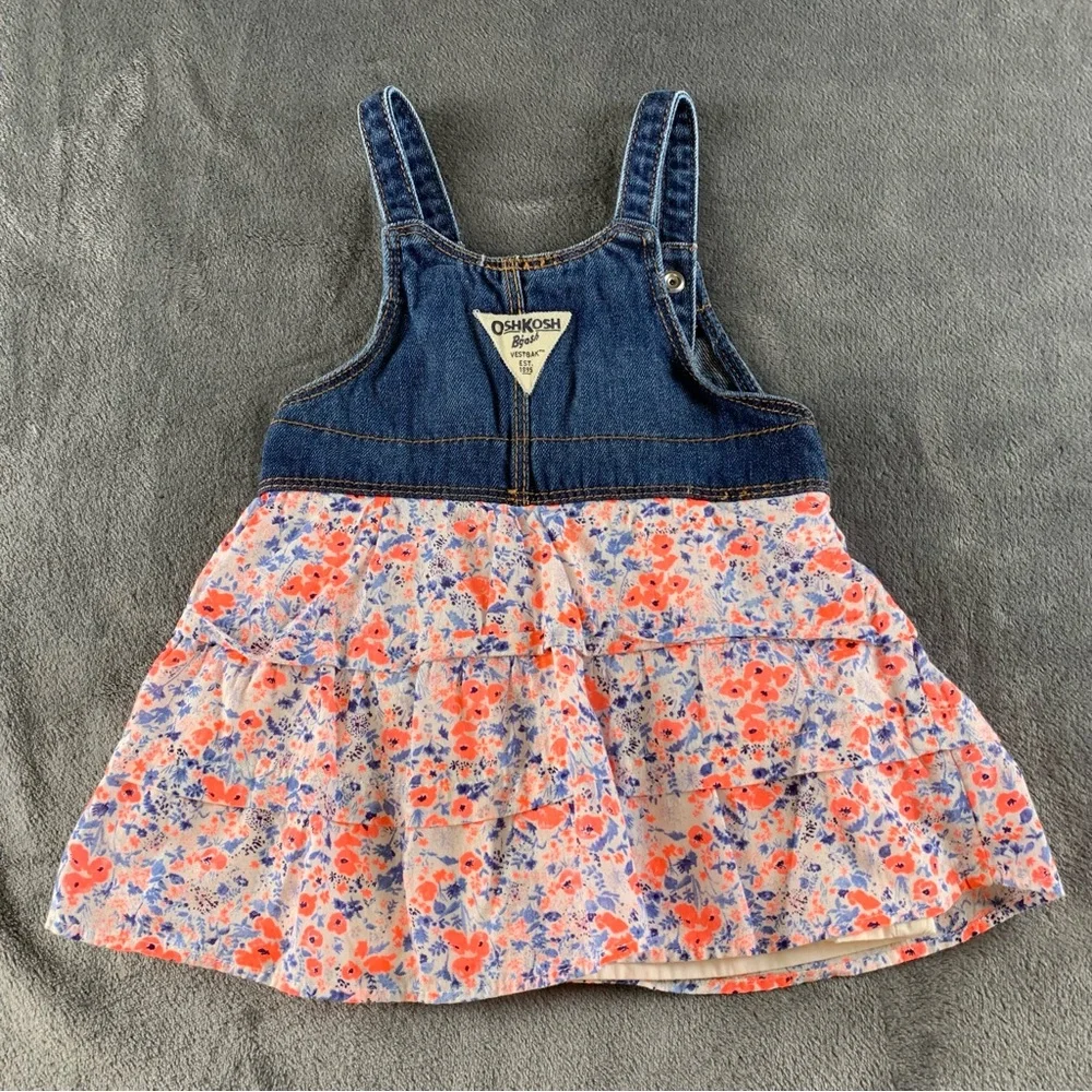 Oshkosh Vintage Romper Denim Bib Top With Floral Ruffle‎ Skirt Size 12 Months